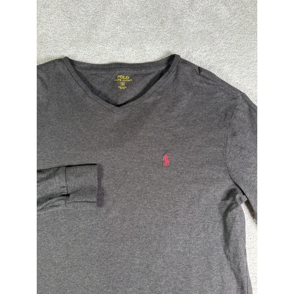 Polo Ralph Lauren T-Shirt Mens M Grey Excellent V-Neck Long Sleeve Pony Logo
